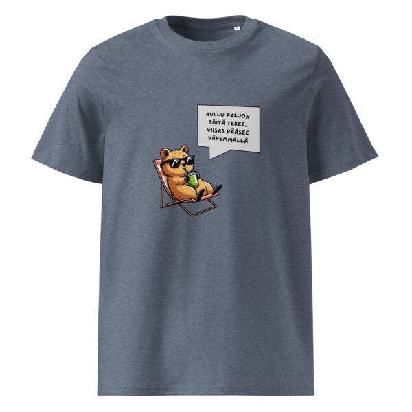 Hullu paljon töitä tekee t-paita luomu unisex dark heather blue
