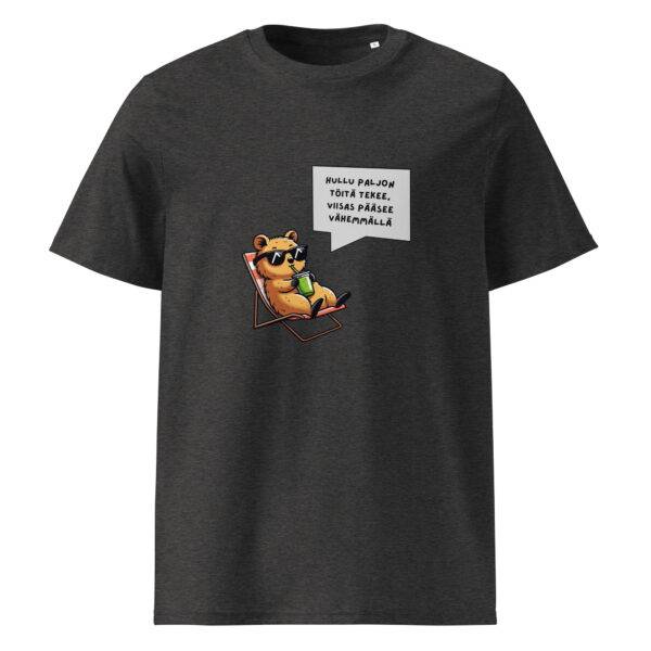 Hullu paljon töitä tekee t-paita luomu unisex dark heather grey