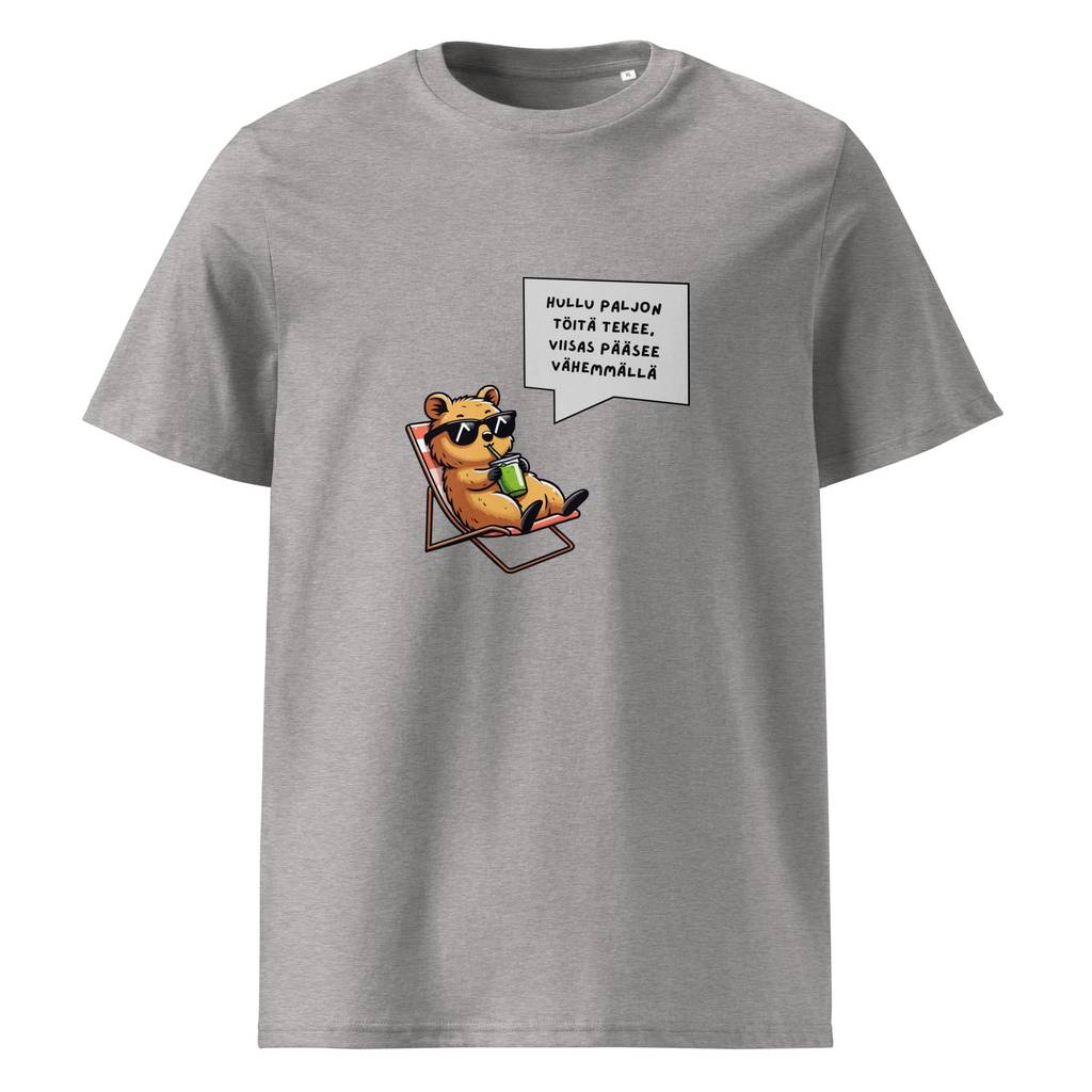 Hullu paljon töitä tekee t-paita luomu unisex heather grey