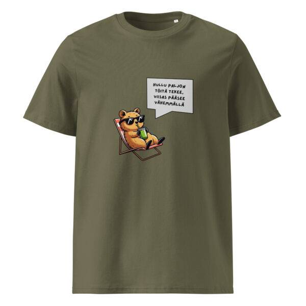 Hullu paljon töitä tekee t-paita luomu unisex khaki