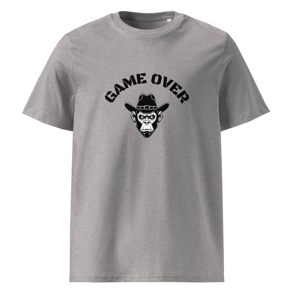 Game over digitaalinen apina t-paita unisex luomu heather grey