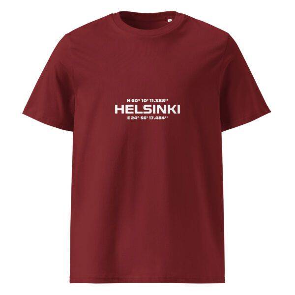 Helsinki koordinaatit t-paita luomu unisex burgundy