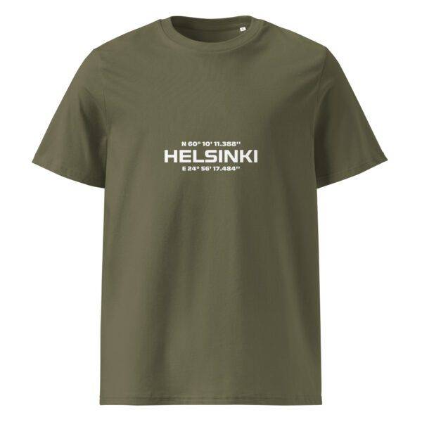 Helsinki koordinaatit t-paita luomu unisex khaki